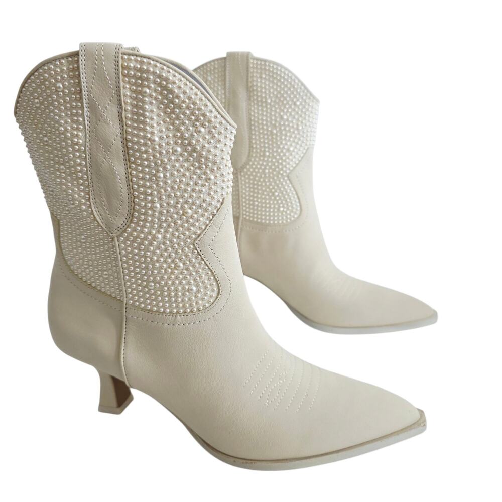 Dolce Vita Angel Pearl Pointed Toe Western Boot Cream Beige Boots Size 8